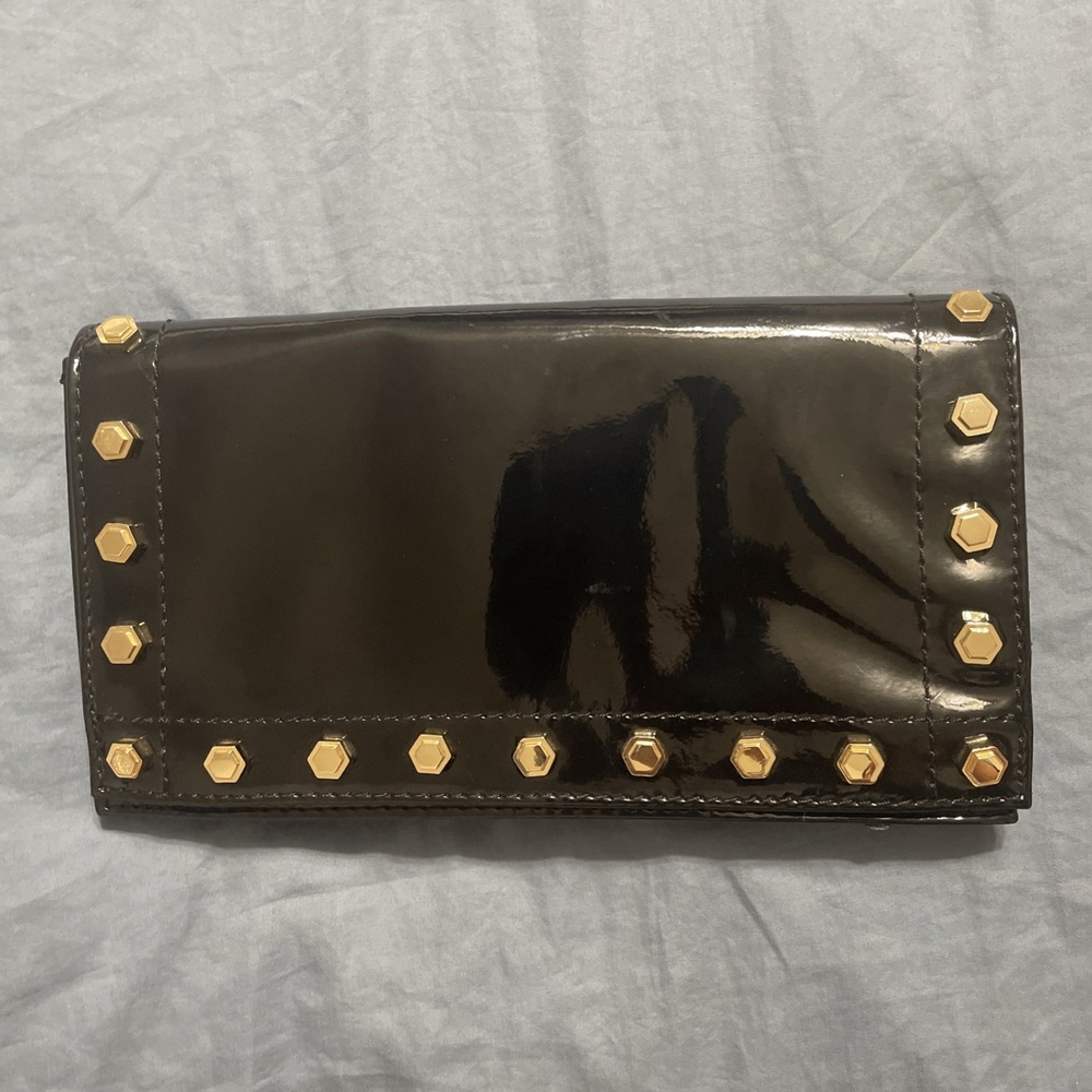 Z Spoke Zac Posen New York Black Patent Leather Clutch Gold Stud Accent 2010 Y2K
